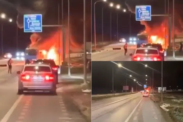 Accident rutier grav în Sibiu. Un autobuz și un autoturism au luat foc, după ce s-au ciocnit violent