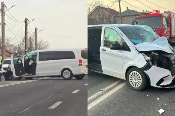 Accident rutier grav la intrarea în Tuzla. Un bărbat a fost rănit, după ce un micobuz s-a ciocnit violent cu un TIR