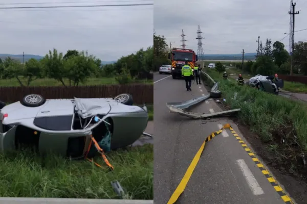 Accident grav în județul Iași. Un șofer s-a răsturant cu mașina pe marginea drumului