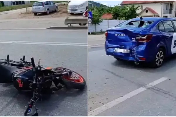 Accident grav în Alba Iulia. O persoană rănită, după ce o mașină s-a ciocnit violent cu o motocicletă