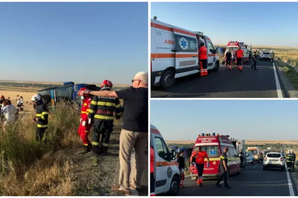 Accident grav în Constanța. Un autocar cu circa 60 de călători s-a răsturnat. A fost activat Planul Roșu de Intervenție