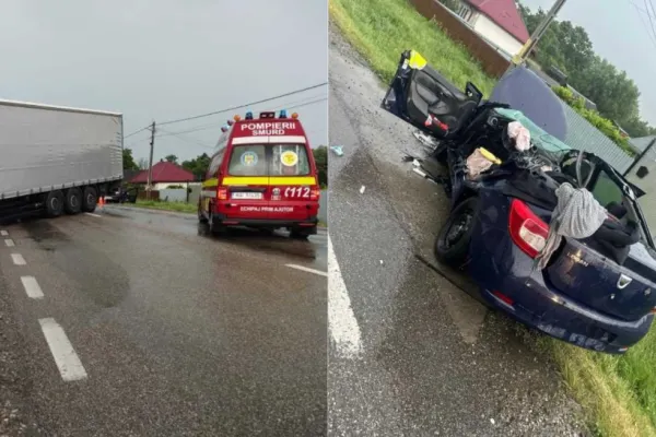 Accident rutier grav în județul Suceava. Bărbat în stare de inconștiență în urma impactului dintre o mașină și un TIR