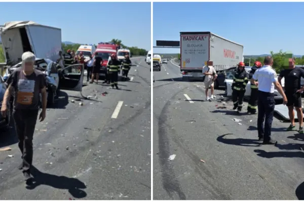 Accident grav pe autostrada A1 Deva-Nădlac. Trei copii şi 11 adulţi, răniţi în urma impactului dintre cinci autoturisme, un TIR şi o autoutilitară
