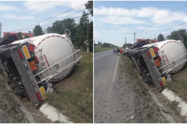 Alertă în județul Suceava. O cisternă încărcată cu 16 tone de motorină s-a răsturnat la Dolhasca