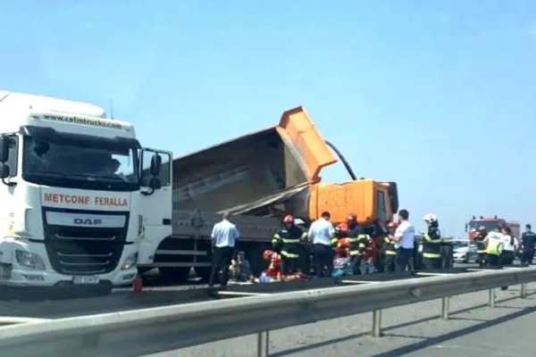 Accident în lanț, în jud. Argeș: au fost implicate două basculante, o autoutilitară şi un camion - două victime, circulație restricționată