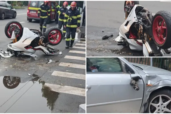 Accident în Capitală între o motocicletă și o mașină. Un bărbat a fost rănit