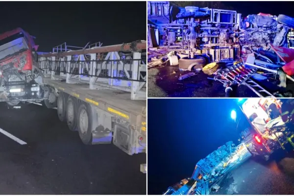 Accidente în lanț pe Drumul Expres 12: o autospecială de stingere s-a răsturnat, un TIR a intrat în parapet, trei mașini s-au tamponat