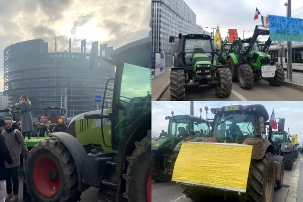 Fermierii francezi protestează în fața Parlamentului European de la Strasbourg. Zeci de utiaje blochează accesul în instituție