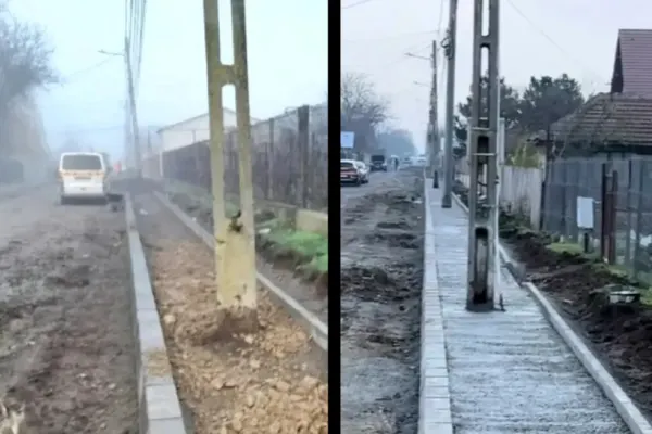 Dorel recidivează. Stâlpi de electricitate amplasați direct pe trotuar. Pietonii sunt nevoiți să meargă pe carosabil, ca să nu îi ia în brațe