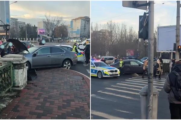 Accident demn de cascadorii rasului în Capitală. O mașină a lovit podul peste râul Dâmbovița și a aterizat pe trotuar