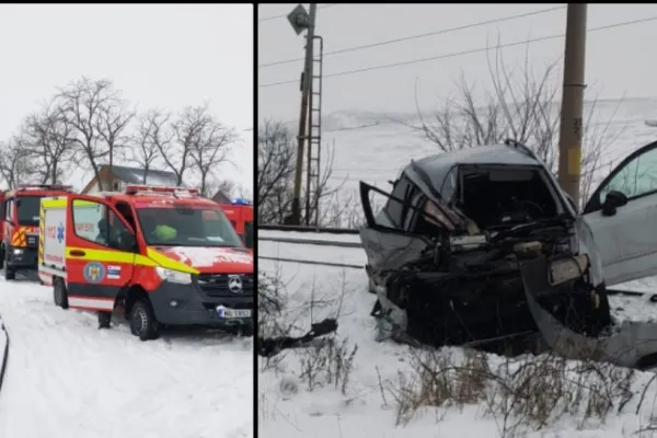 Accident feroviar în Iași: un tren de pasageri a lovit un autoturism. Două persoane, rănite