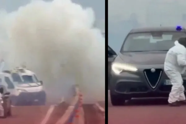 Momentul în care un comando înarmat atacă două dube blindate și aruncă traficul în aer pe o autostradă în Italia - VIDEO
