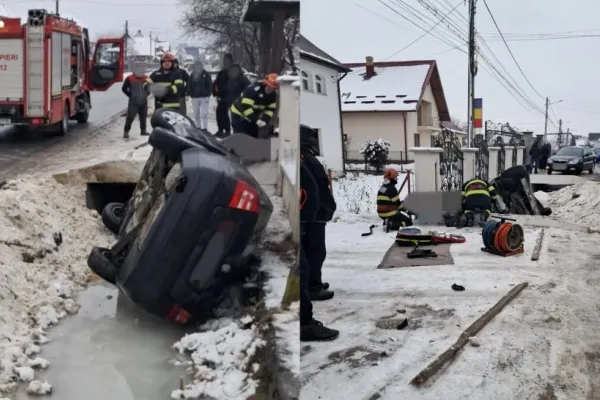 Accident în județul Suceava. O femeie a fost rănită, după ce s-a răsturnat cu mașina într-un șanț