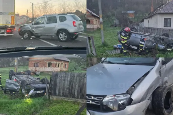 Accident grav în județul Argeș. O mașină s-a răsturnat, după ce a intrat pe contrasens și s-a ciocnit cu un alt autoturism