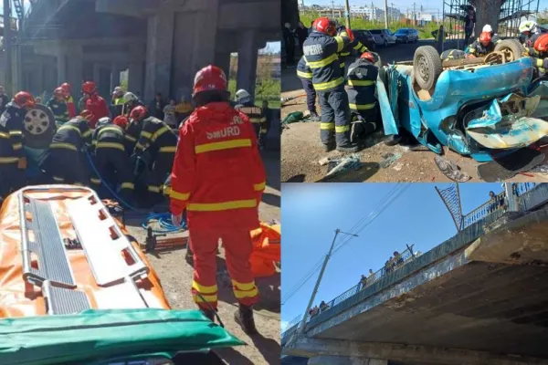 Accident deosebit de grav în Iaşi. O mașină a căzut de pe Pasarela Bucium, după ce s-a ciocnit cu un camion- FOTO