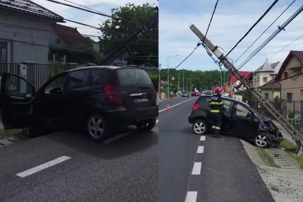 Accident grav în Bistrița-Năsăud. O mașină a intrat cu toată viteza într-un stâlp de electricitate -FOTO