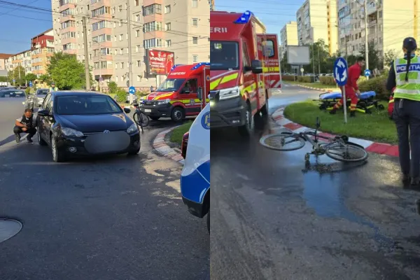 Accident grav în municipiul Sibiu. Un biciclist a fost lovit în plin de o mașină. Care este starea victimei -FOTO