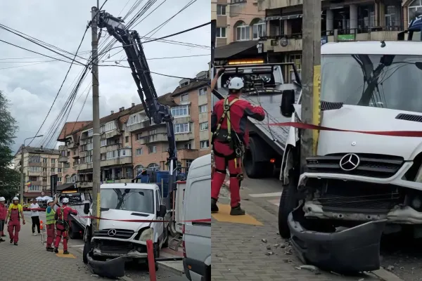 Accident spectaculos la Câmpulung Moldovenesc. O dubiță a distrus un stâlp de beton, iar alimentarea cu energie electrică a fost oprită