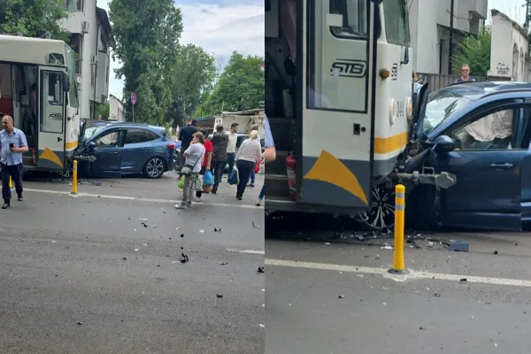 Accident rutier pe Bulevardul Barbu Văcărescu, în București. Coliziune între o mașină și un tramvai