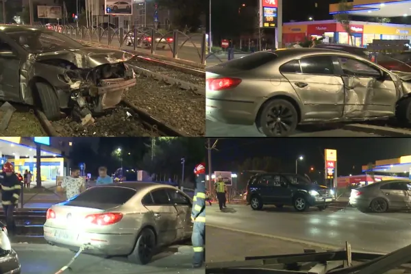 Accident pe linia 41, în Capitală. O mașină a rupt gardul de protecție și a ajuns pe șine