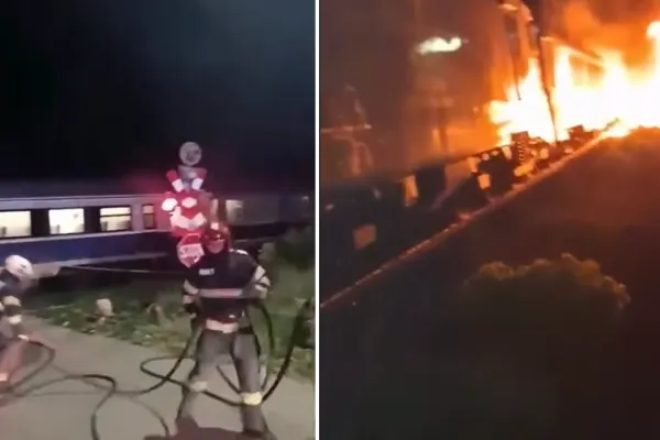 Accident feroviar grav în județul Bacău. Un camion a luat foc după ce a fost lovit de tren, clipe de panică pentru sute de pasageri - VIDEO