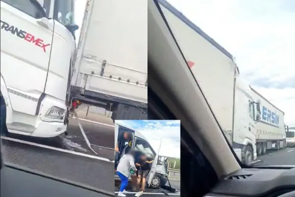 Accident grav pe A1, în județul Sibiu. Trei autocamioane şi un microbuz de transport persoane s-au ciocnit violent