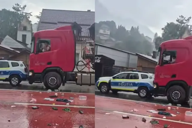 Șofer de camion, scos cu forța din cabină, la Bușteni. După ce a lovit mașina Poliției, a amenințat că se sinucide - VIDEO