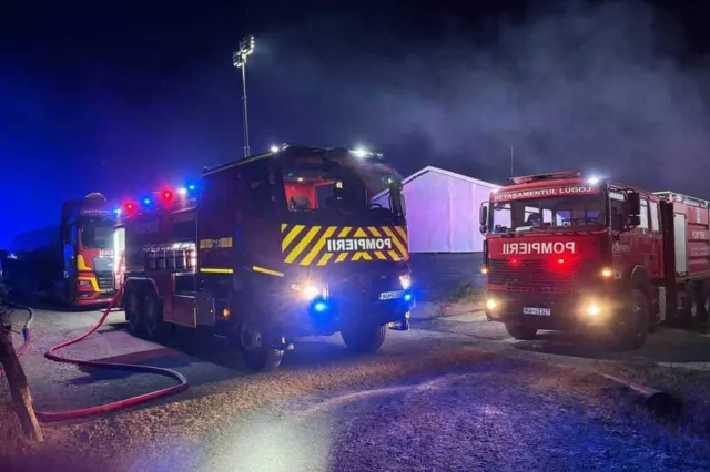 Incendiu de proporții la un gater din Timiș. O hală de 500 de metri pătrați, cuprinsă de flăcări