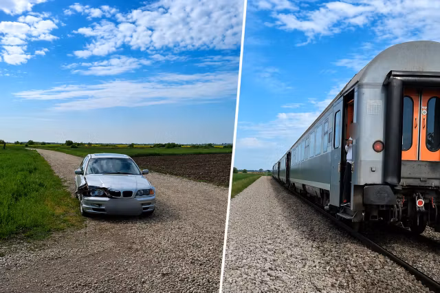 Mașină acroșată de un tren cu călători, în județul Argeș VIDEO