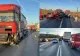 Trafic blocat pe DN 1, în județul Sibiu. Un bărbat și o fetiță, răniți după ce două autoturisme și un TIR s-au ciocnit 