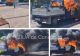 Camionetă în flăcări în mijlocul șoselei, în apropiere de stația GPL. Imagini șocante