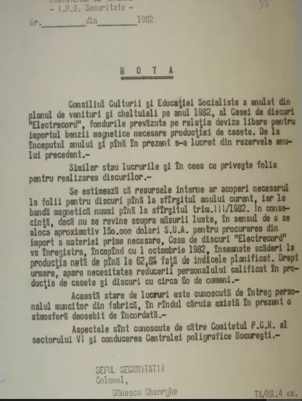 Nota a Securitatii despre situatia Electrecord