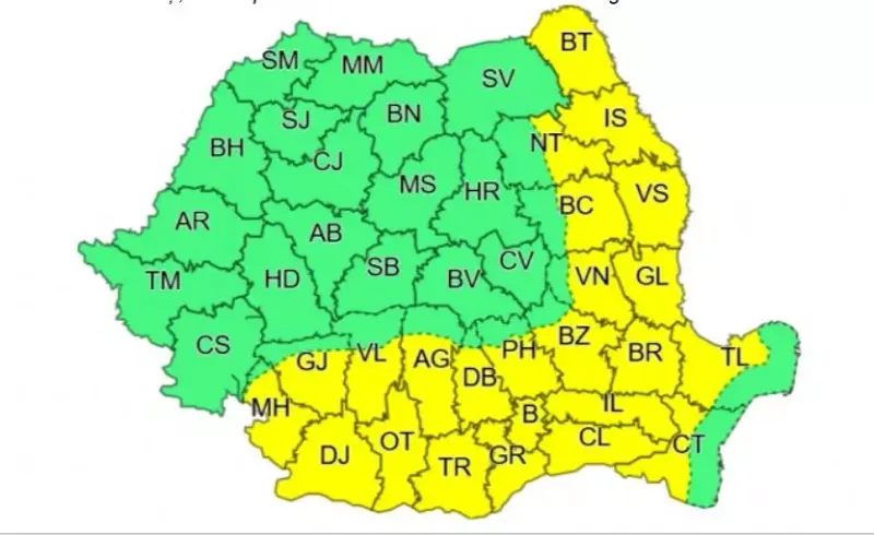 Avertizări meteo de fenomene EXTREME: cod GALBEN de furtuni și vijelii și cod GALBEN de CANICULĂ și disconfort termic - HARTA – poza 2