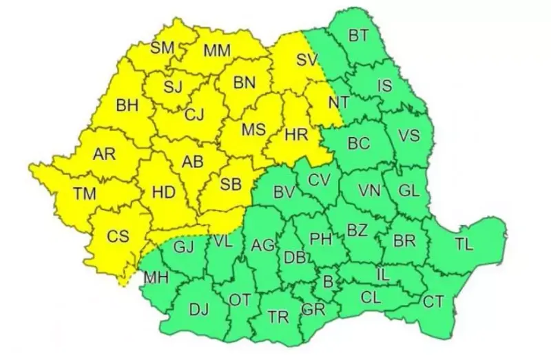 Avertizări meteo de fenomene EXTREME: cod GALBEN de furtuni și vijelii și cod GALBEN de CANICULĂ și disconfort termic - HARTA – poza 1