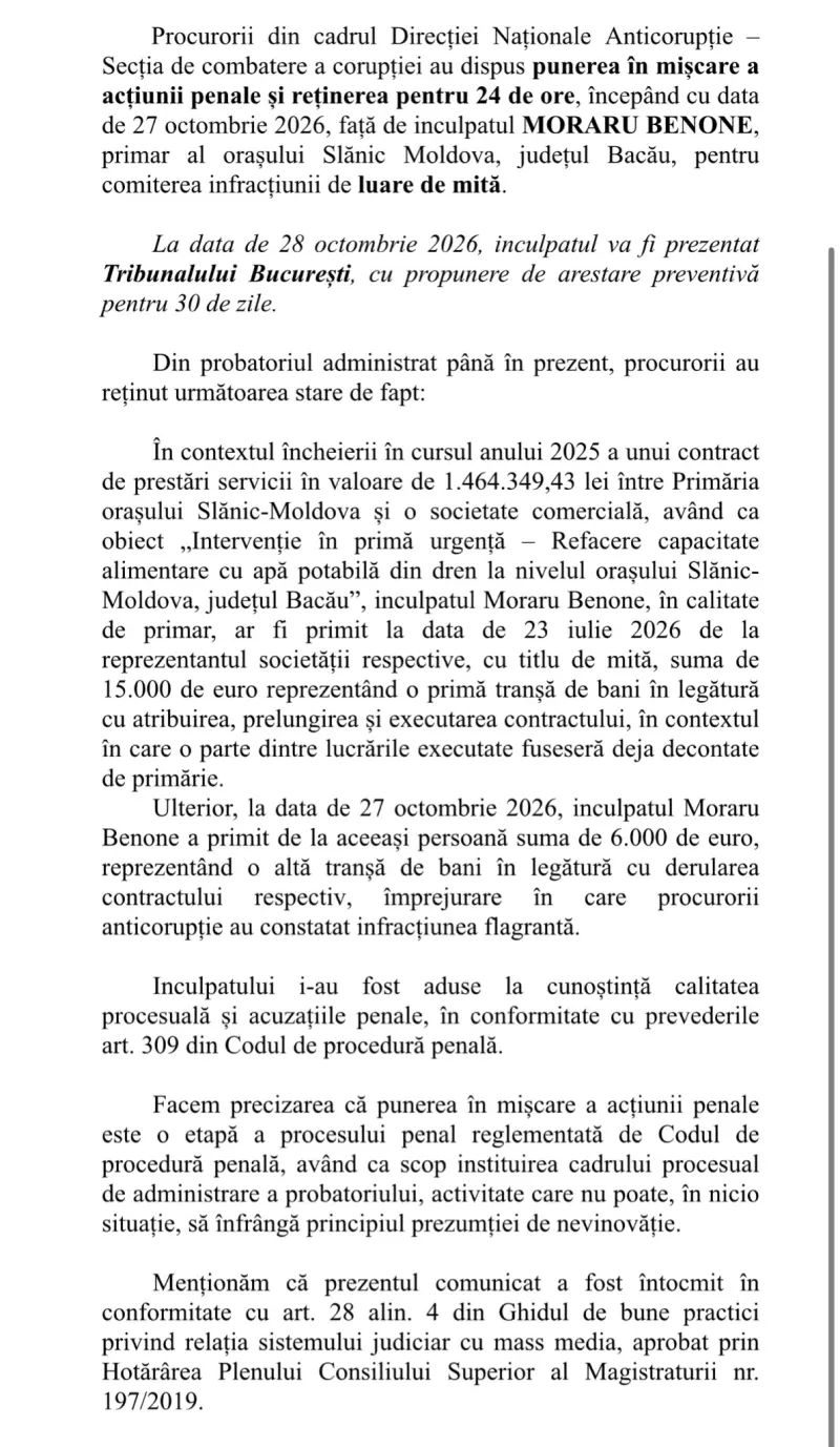 Comunicat DNA primar Slanic Moldova